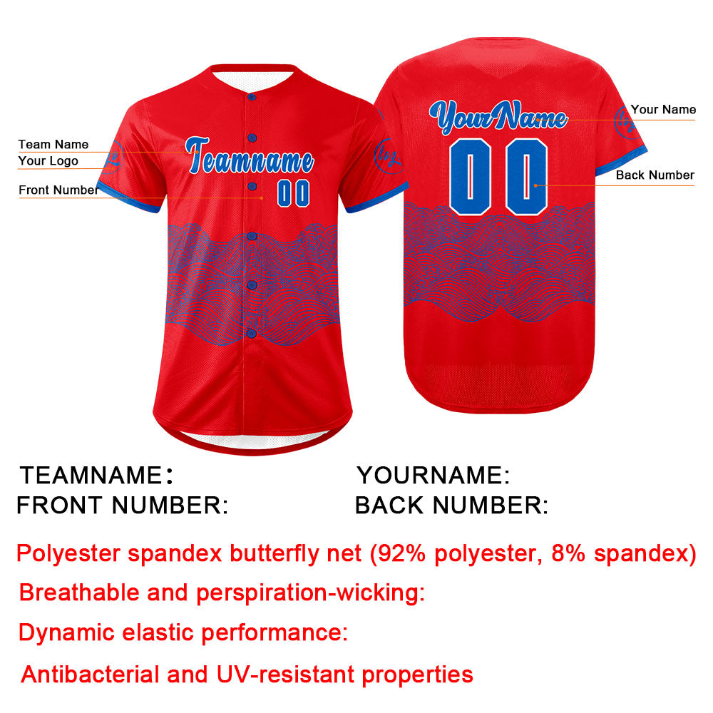 Camiseta de béisbol personalizada roja y azul con degradado uniformes de equipo con nombre y número