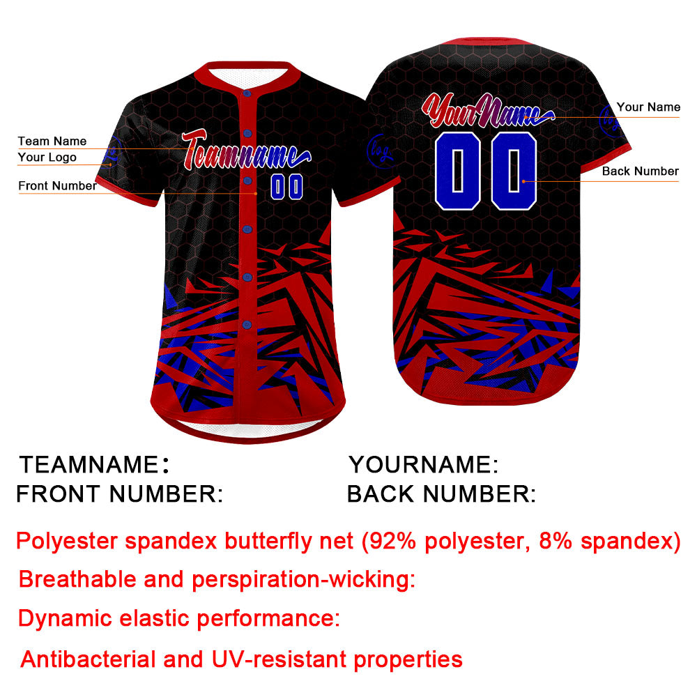 Camiseta de béisbol personalizada roja y azul con degradado uniformes de equipo con nombre y número