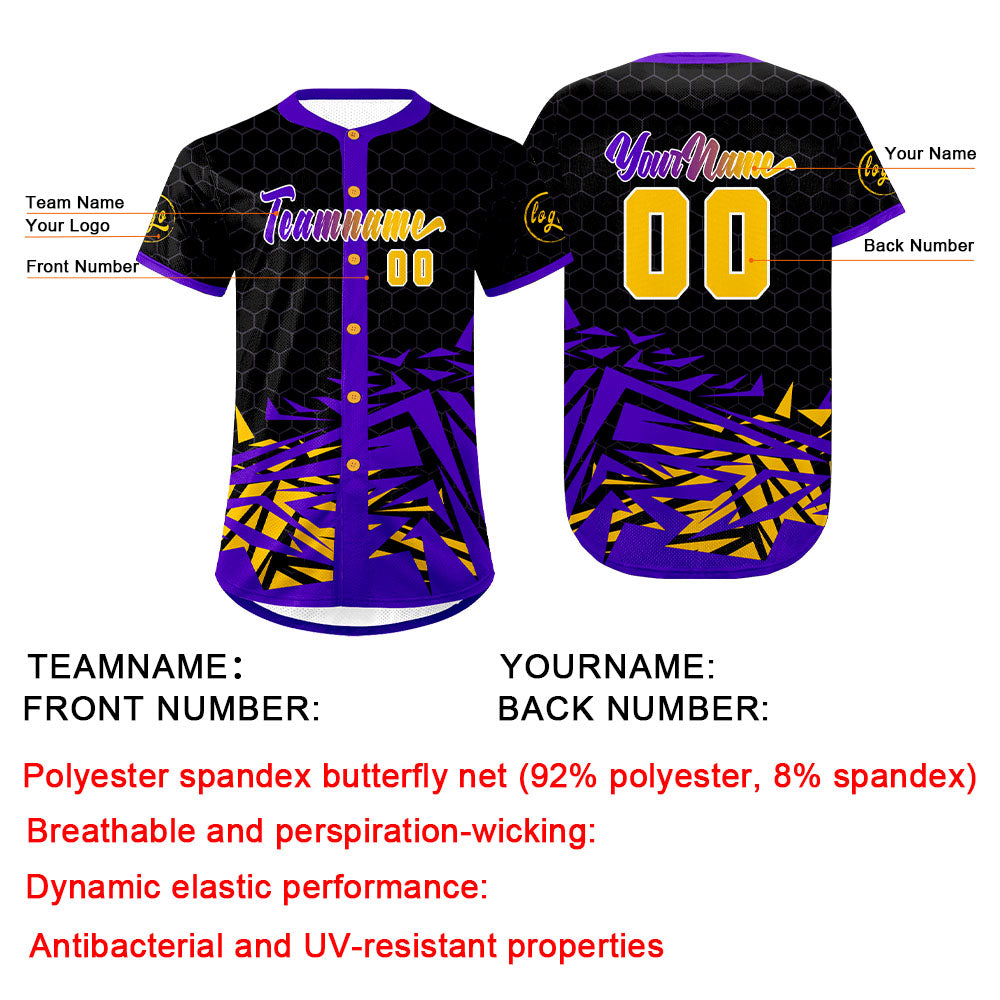 Camiseta de béisbol personalizada negra y morada con degradado uniformes de equipo personalizados con nombre y número