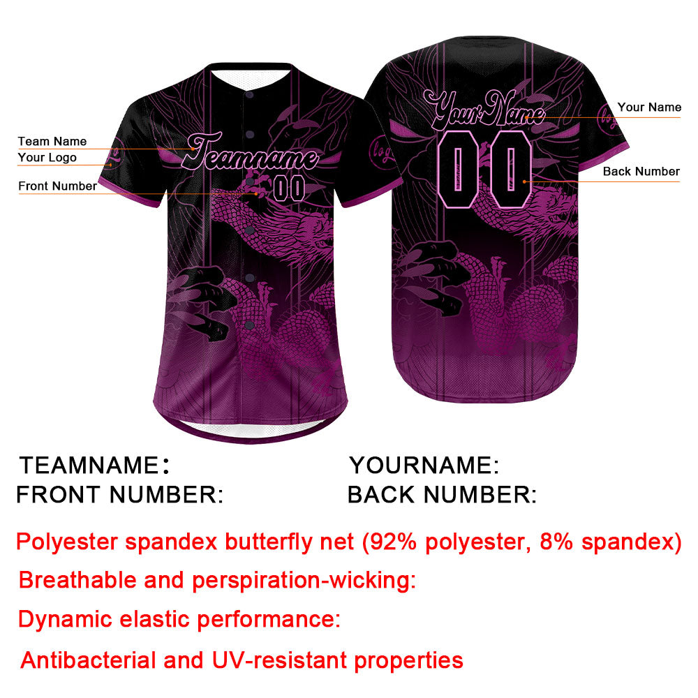 Camiseta de béisbol personalizada morada y negra con degradado uniformes de equipo personalizados con nombre y número