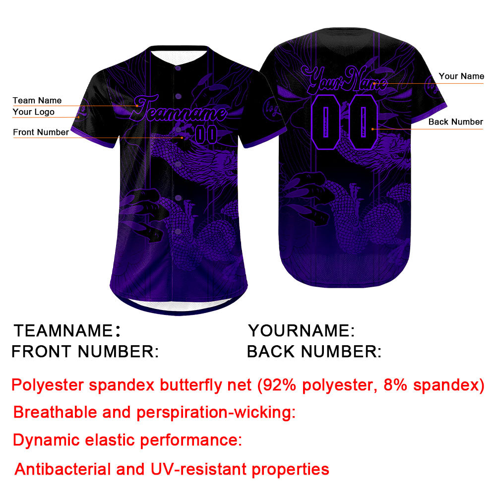 Camiseta de béisbol personalizada negra y morada con degradado uniformes de equipo personalizados con nombre y número