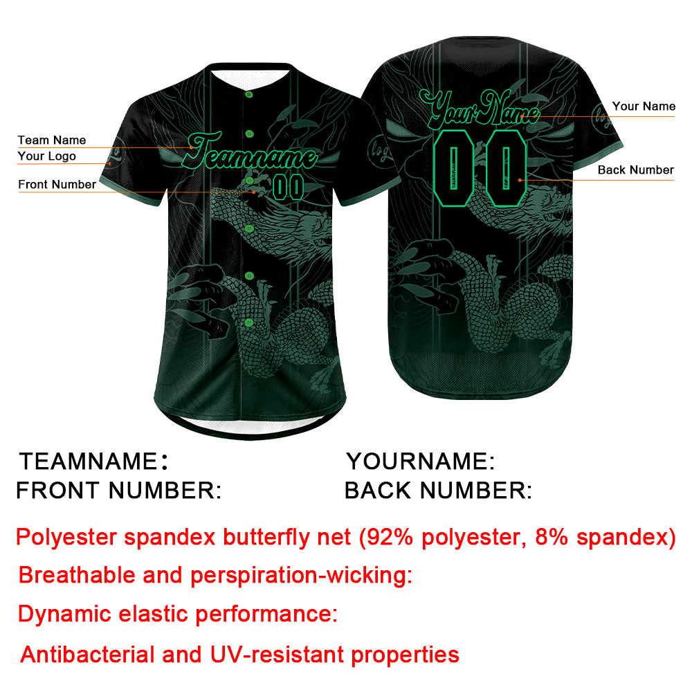 Camiseta de béisbol personalizada verde y negra con degradado uniformes de equipo con nombre y número