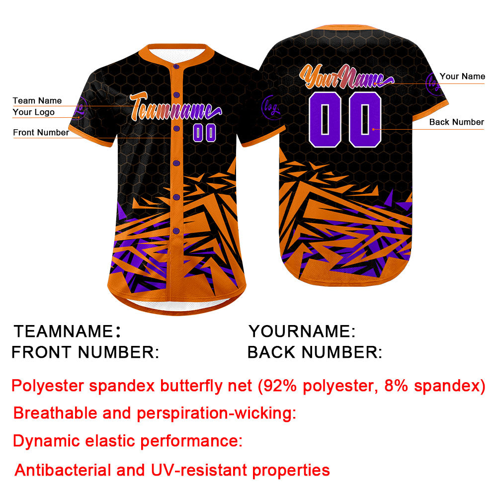 Camiseta de béisbol personalizada naranja y morada con degradado uniformes de equipo personalizados con nombre y número