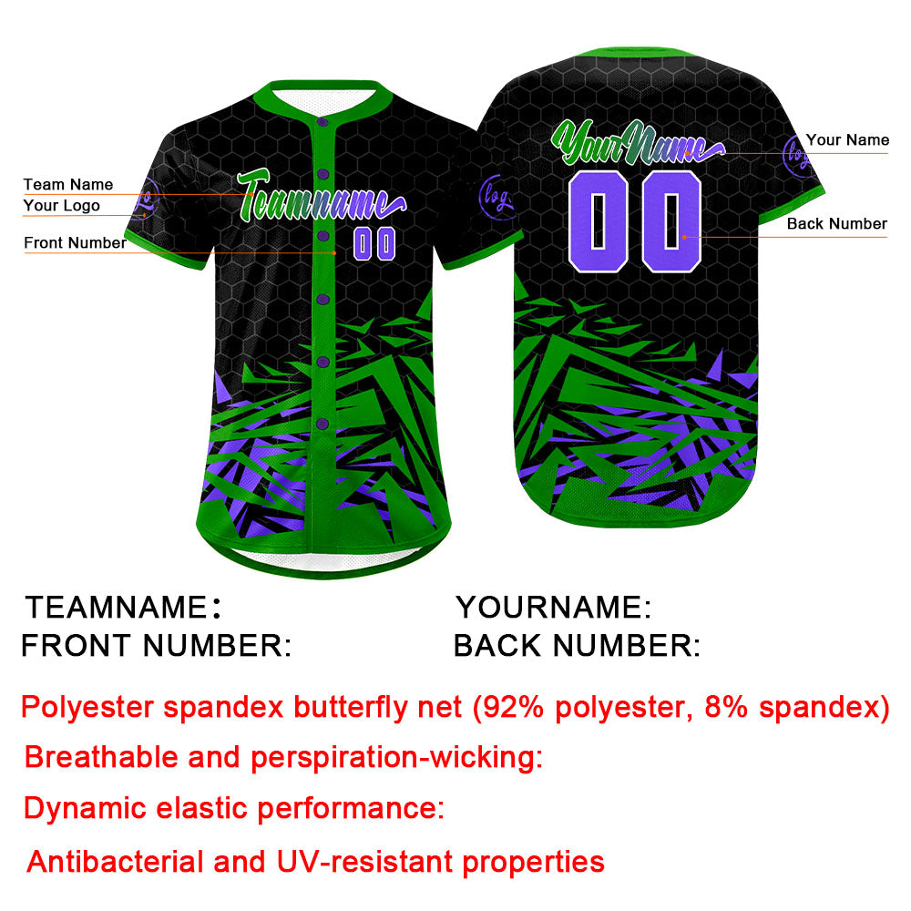 Camiseta de béisbol personalizada negra y verde con degradado uniformes de equipo con nombre y número