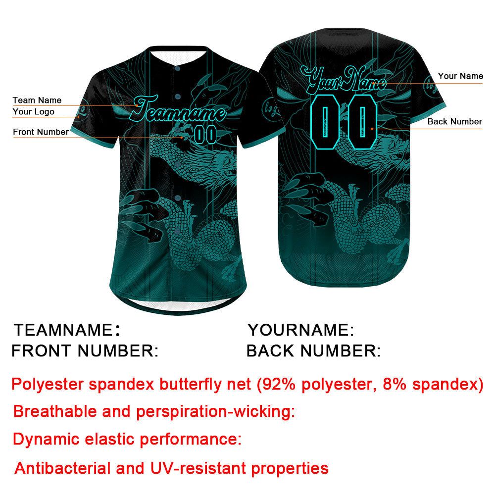 Camiseta de béisbol personalizada negra y cian con degradado uniformes de equipo con nombre y número
