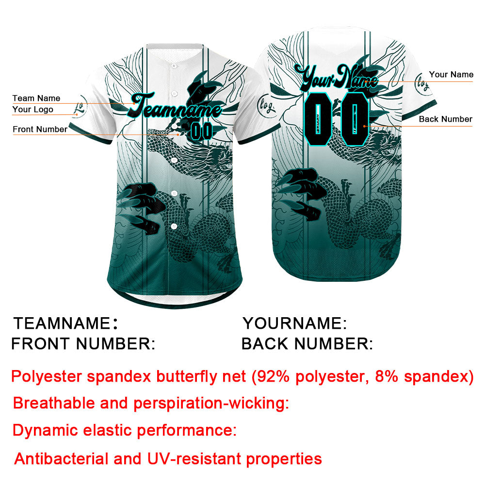 Camiseta de béisbol personalizada blanca y cian con degradado uniformes de equipo con nombre y número