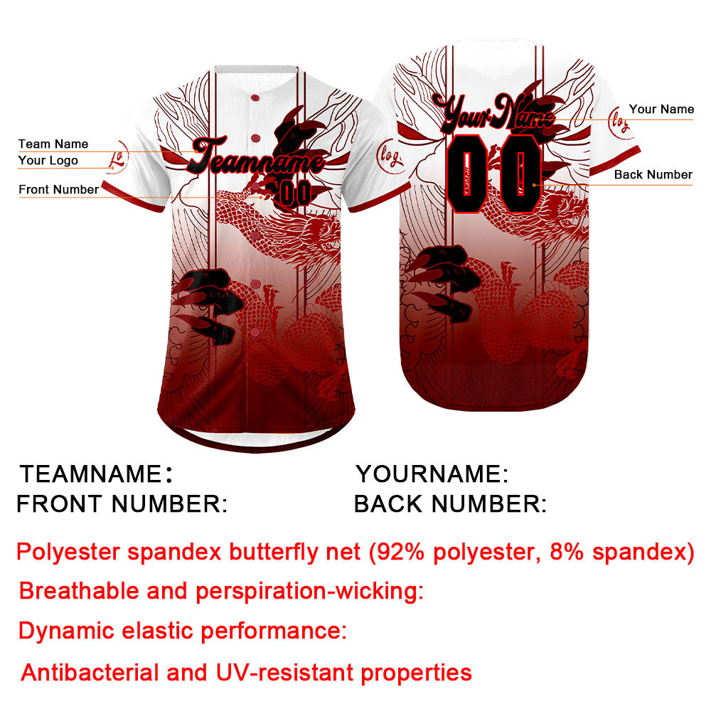 Camiseta de béisbol personalizada roja y blanca con degradado uniformes de equipo con nombre y número