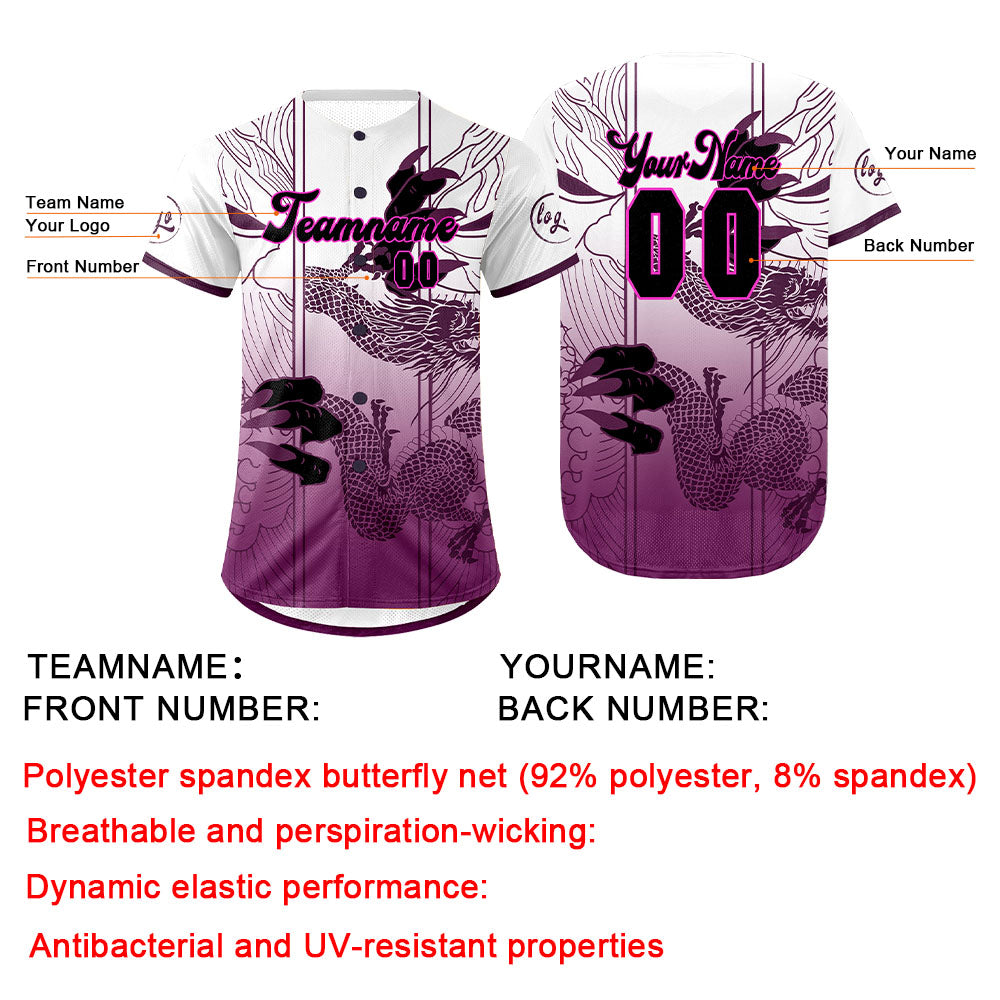 Camiseta de béisbol personalizada morada y blanca con degradado uniformes de equipo personalizados con nombre y número