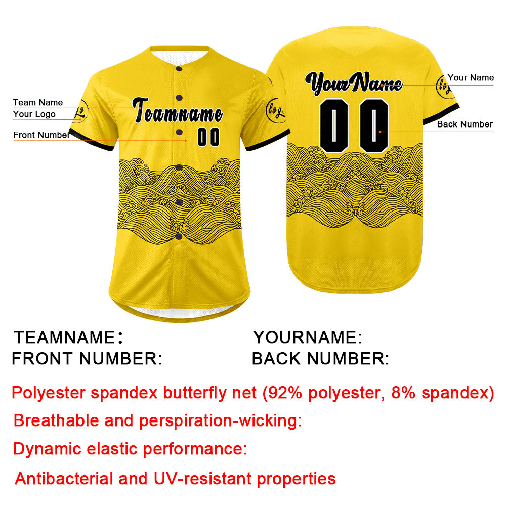 Camiseta de béisbol personalizada amarilla y negra con degradado uniformes de equipo personalizados con nombre y número