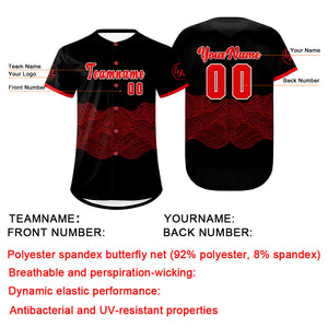 Camiseta de béisbol personalizada negra y roja con degradado uniformes de equipo con nombre y número