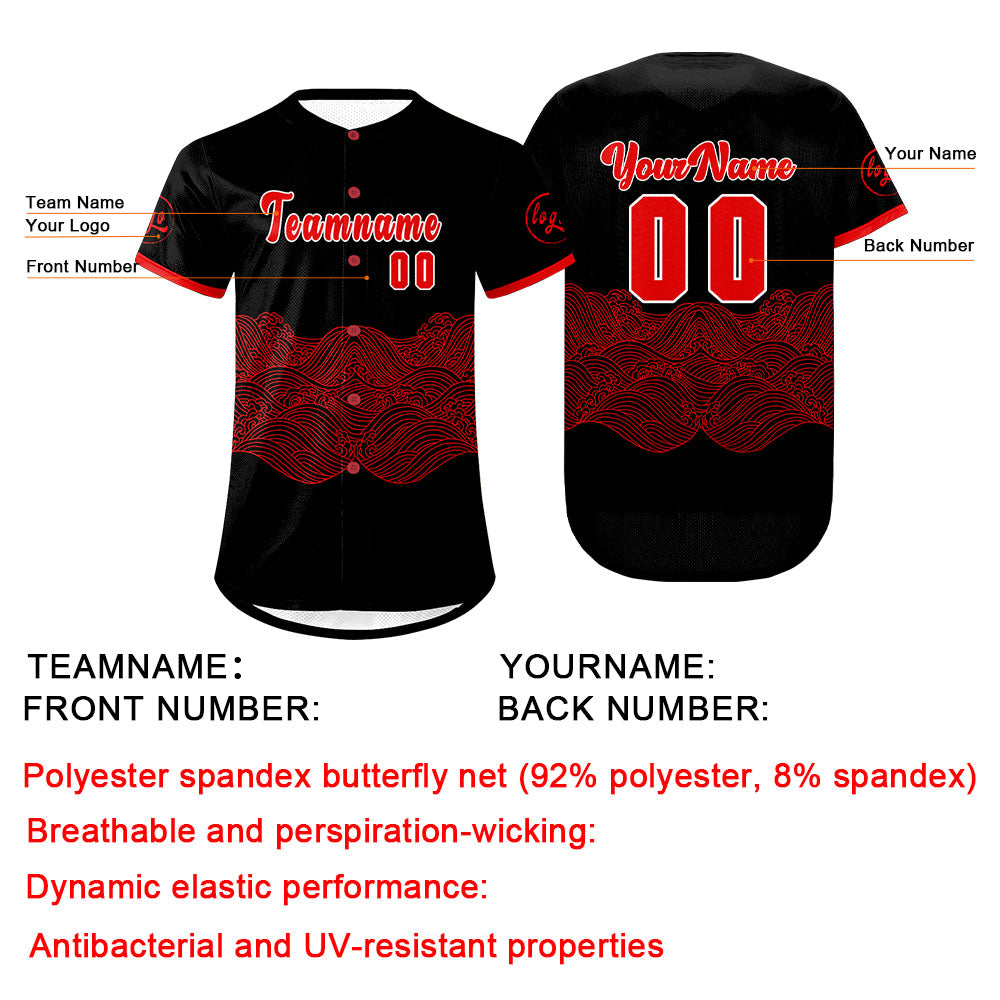 Camiseta de béisbol personalizada negra y roja con degradado uniformes de equipo con nombre y número