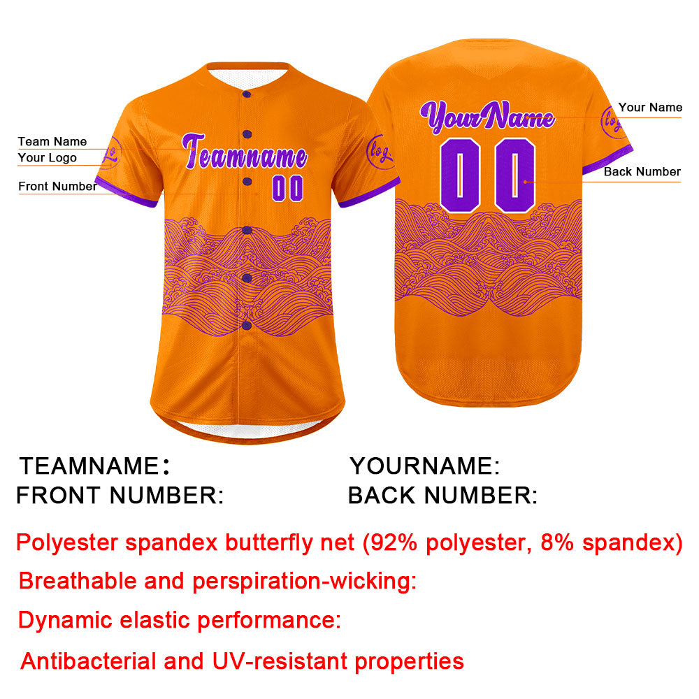 Camiseta de béisbol personalizada naranja y morada con degradado uniformes de equipo personalizados con nombre y número