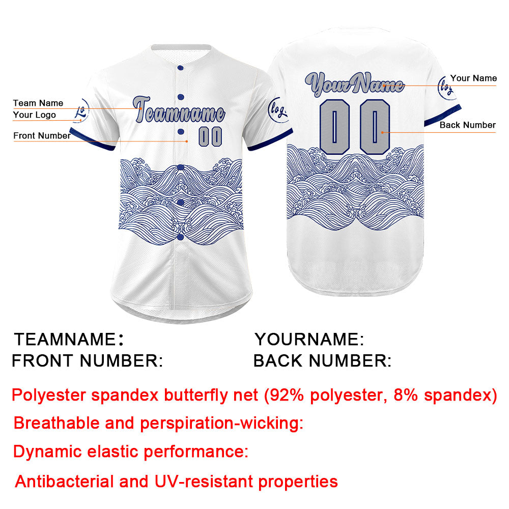 Camiseta de béisbol personalizada blanca y azul con degradado uniformes de equipo con nombre y número