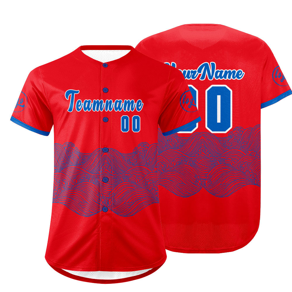 Camiseta de béisbol personalizada roja y azul con degradado uniformes de equipo con nombre y número