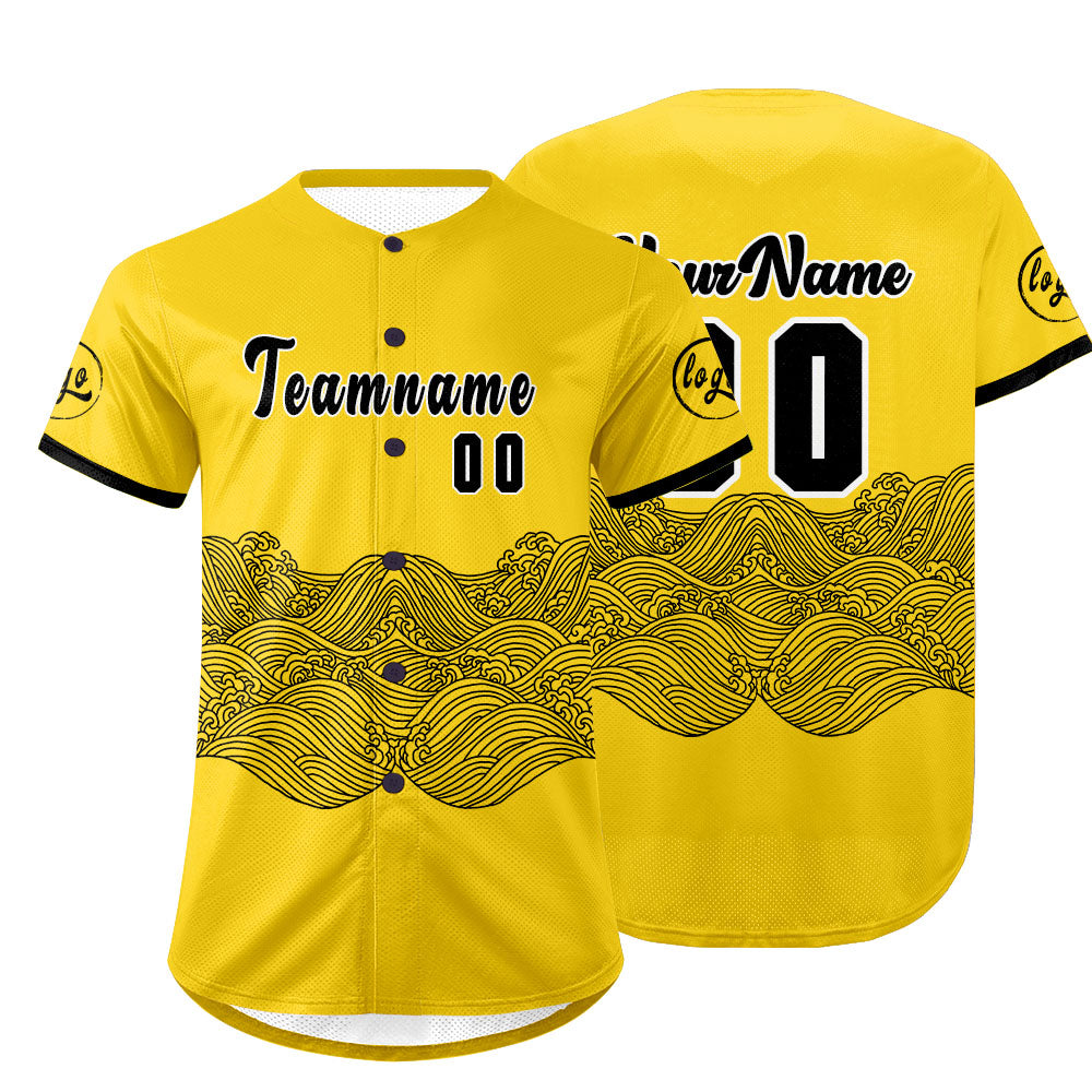 Camiseta de béisbol personalizada amarilla y negra con degradado uniformes de equipo personalizados con nombre y número