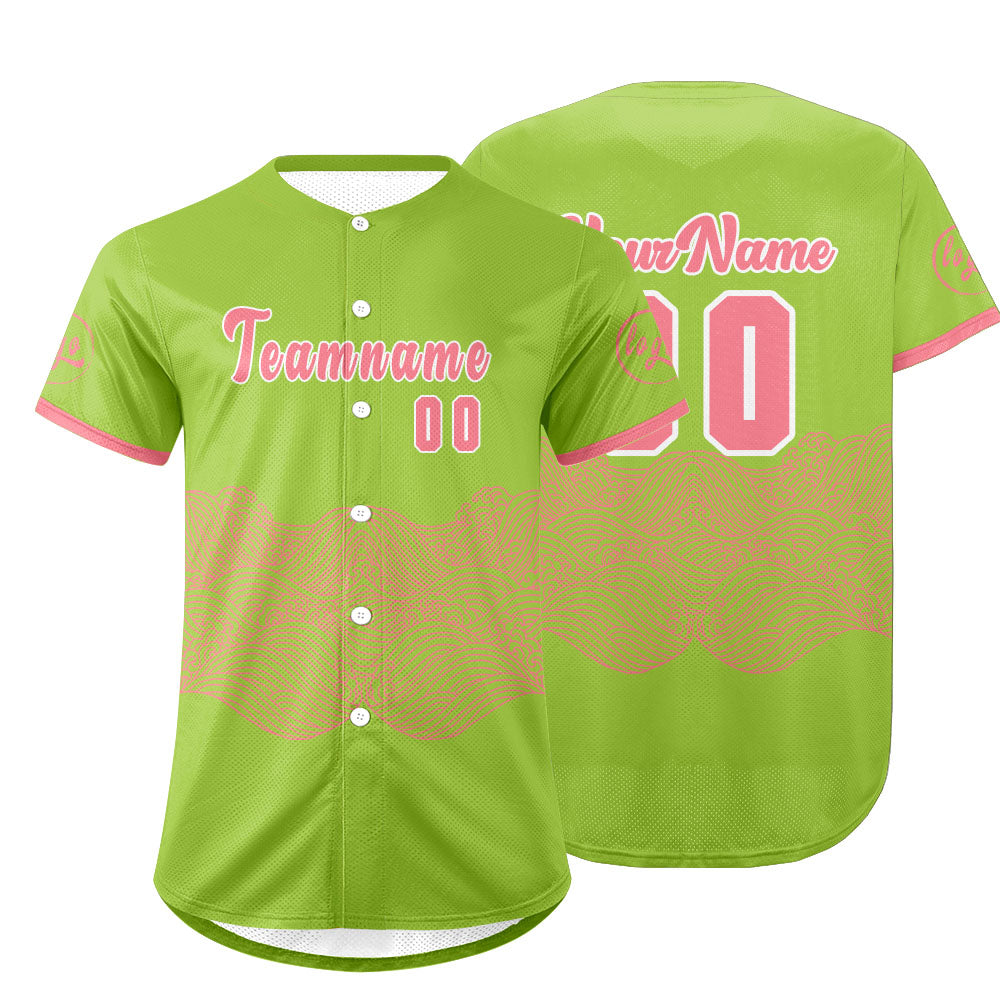 Camiseta de béisbol personalizada verde y rosa con degradado uniformes de equipo con nombre y número