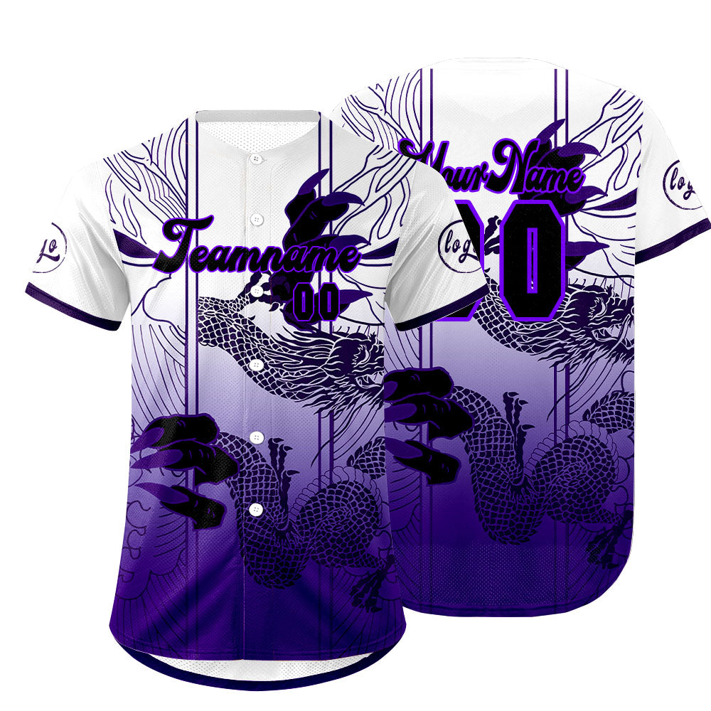 Camiseta de béisbol personalizada blanca y morada con degradado uniformes de equipo personalizados con nombre y número
