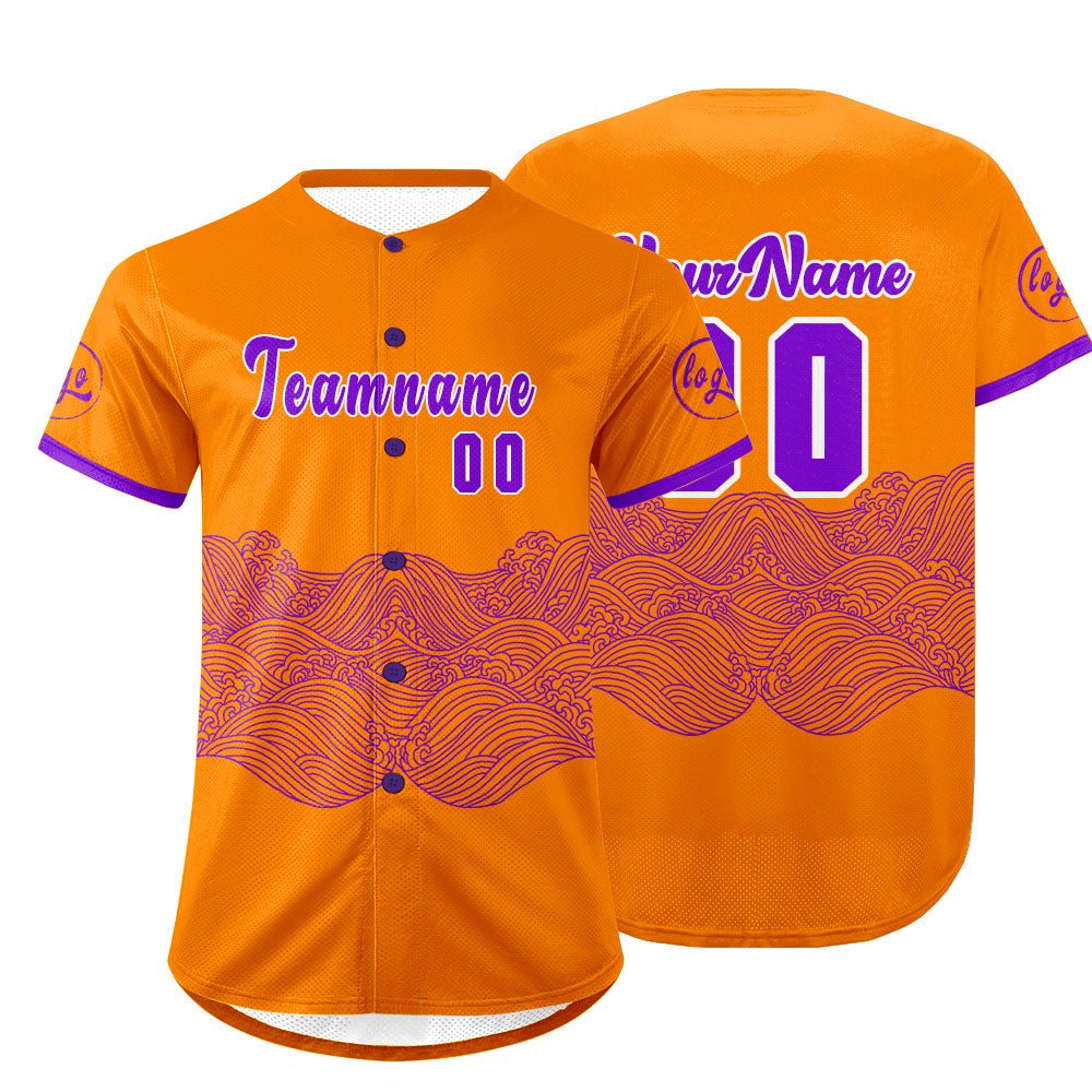 Camiseta de béisbol personalizada naranja y morada con degradado uniformes de equipo personalizados con nombre y número