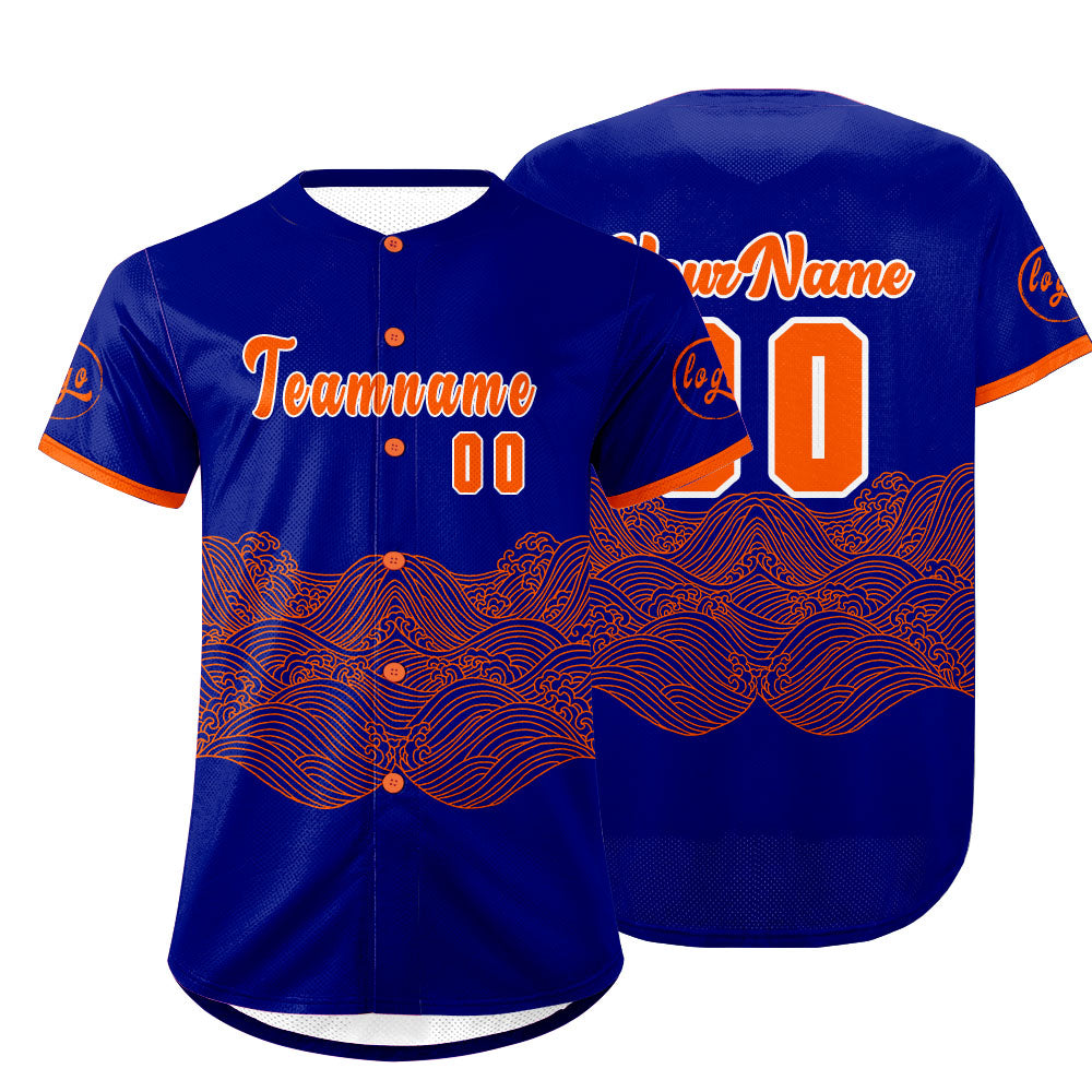 Camiseta de béisbol personalizada azul y naranja con degradado uniformes de equipo con nombre y número