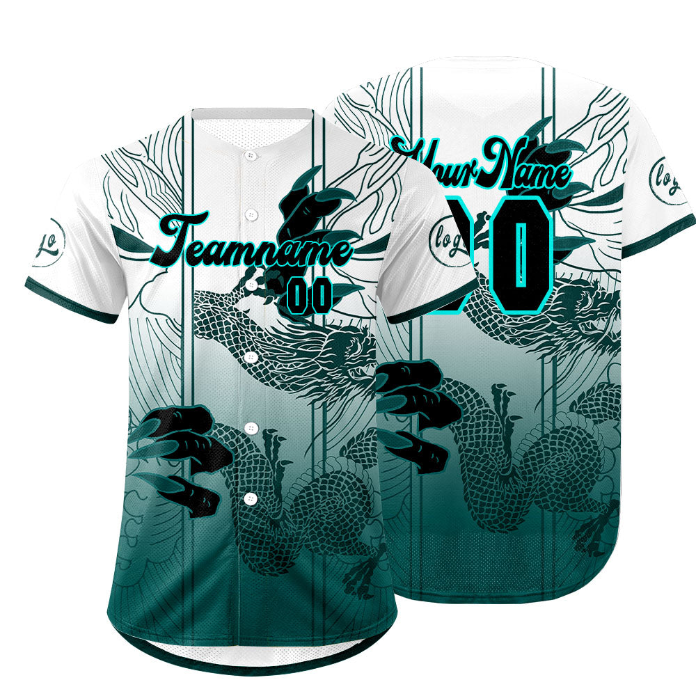 Camiseta de béisbol personalizada blanca y cian con degradado uniformes de equipo con nombre y número