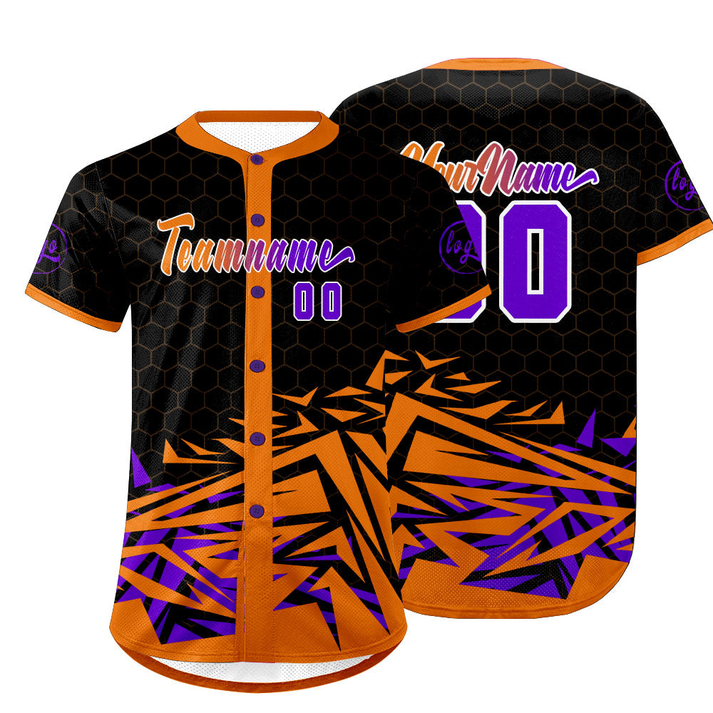 Camiseta de béisbol personalizada naranja y morada con degradado uniformes de equipo personalizados con nombre y número