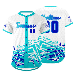 Camiseta de béisbol personalizada blanca y cian con degradado uniformes de equipo personalizados con nombre y número