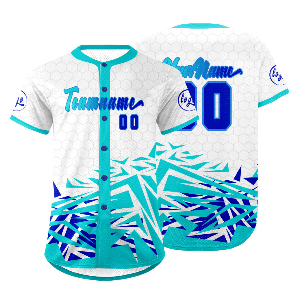Camiseta de béisbol personalizada blanca y cian con degradado uniformes de equipo personalizados con nombre y número