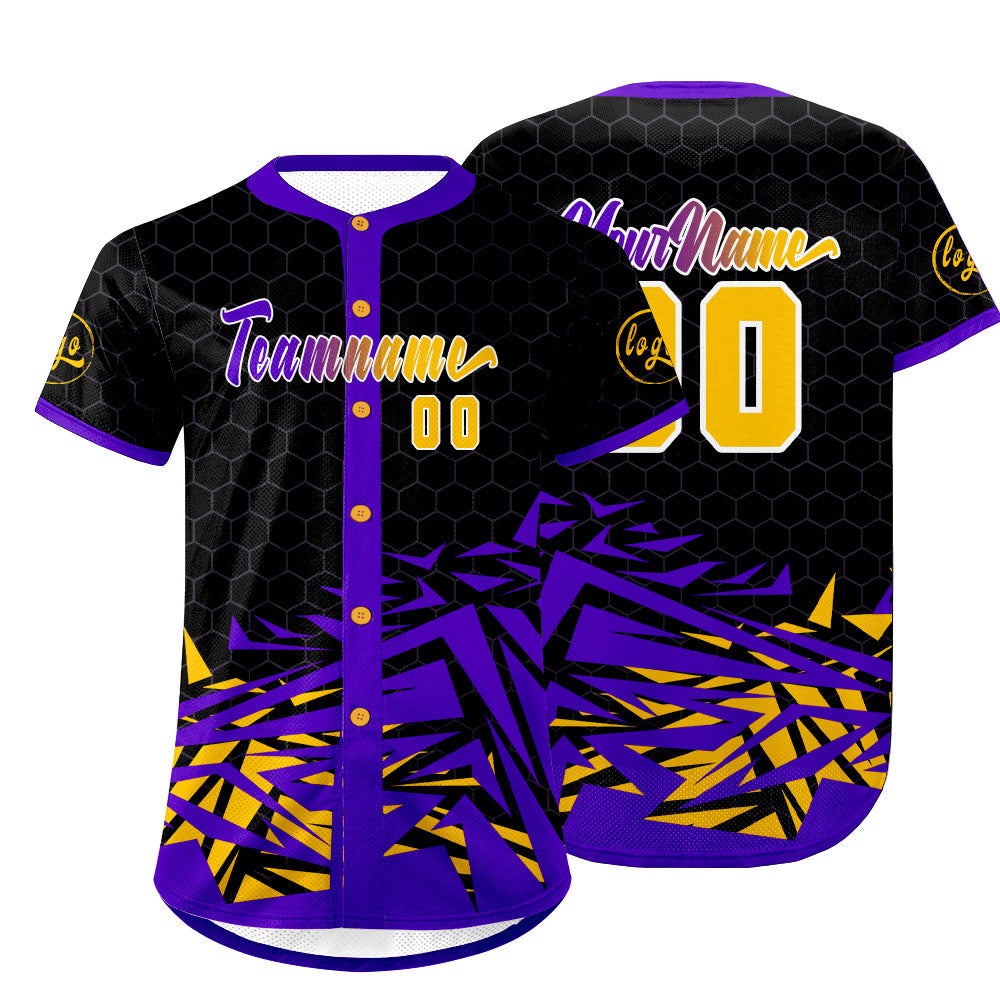 Camiseta de béisbol personalizada negra y morada con degradado uniformes de equipo personalizados con nombre y número