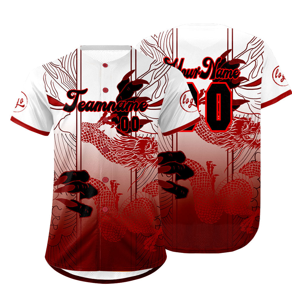 Camiseta de béisbol personalizada roja y blanca con degradado uniformes de equipo con nombre y número