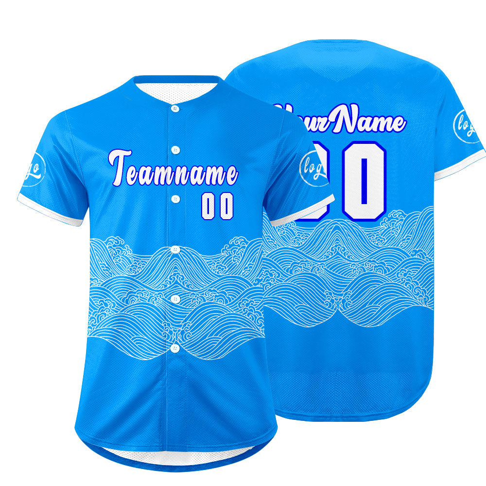 Camiseta de béisbol azul y blanca personalizada con dise?o degradado uniformes de equipo con nombre y número