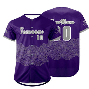 Camiseta de béisbol personalizada en color morado y gris con degradado uniformes de equipo personalizados con nombre y número