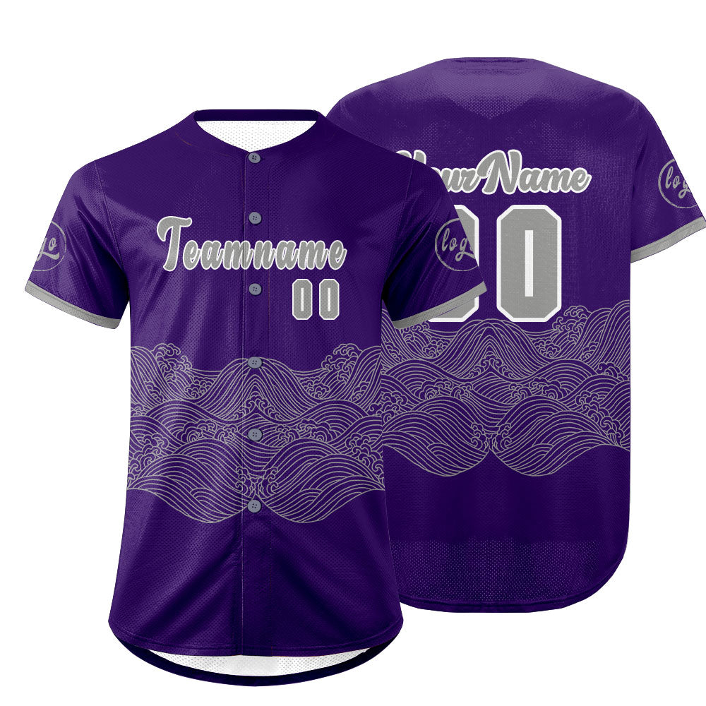 Camiseta de béisbol personalizada en color morado y gris con degradado uniformes de equipo personalizados con nombre y número