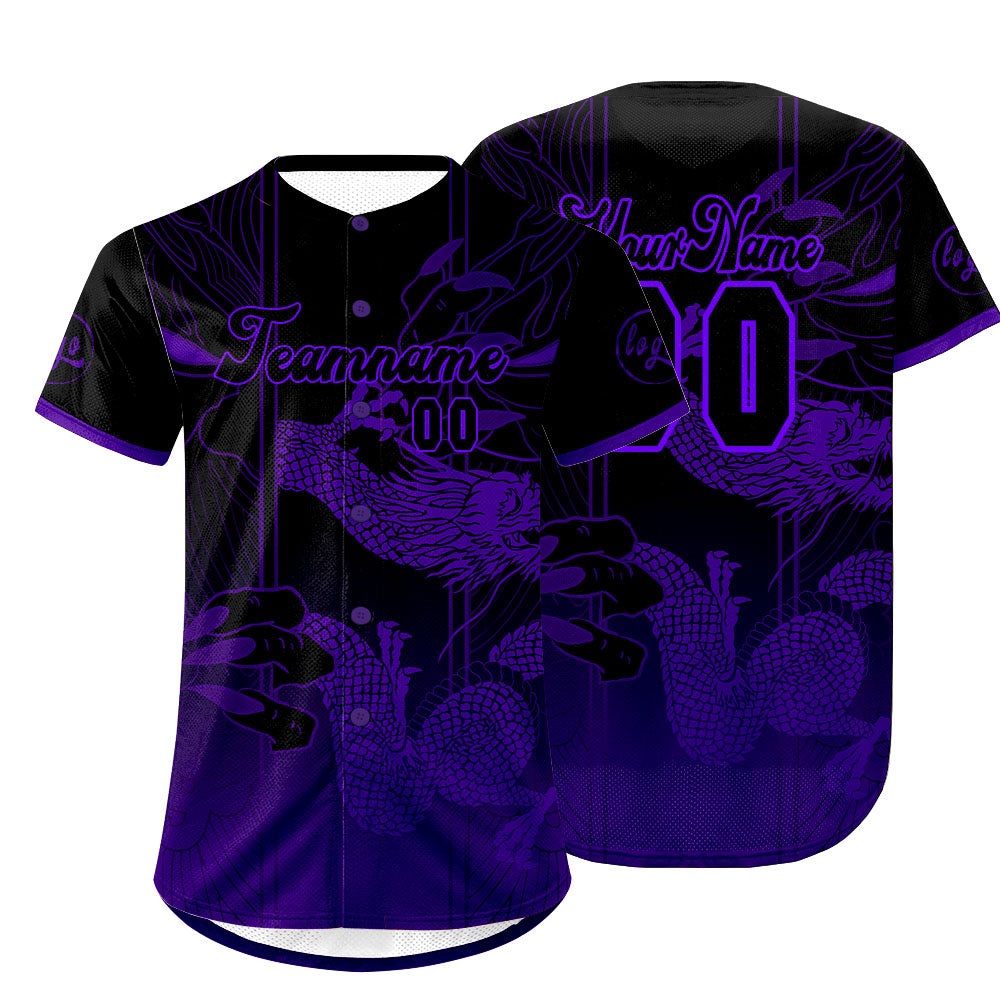 Camiseta de béisbol personalizada negra y morada con degradado uniformes de equipo personalizados con nombre y número