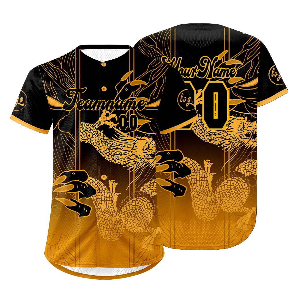 Camiseta de béisbol personalizada negra y amarilla con degradado uniformes de equipo con nombre y número