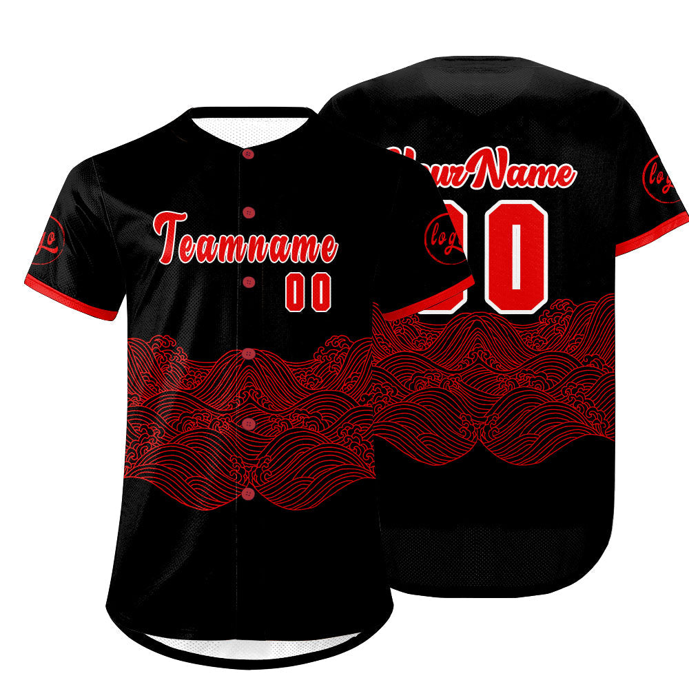 Camiseta de béisbol personalizada negra y roja con degradado uniformes de equipo con nombre y número