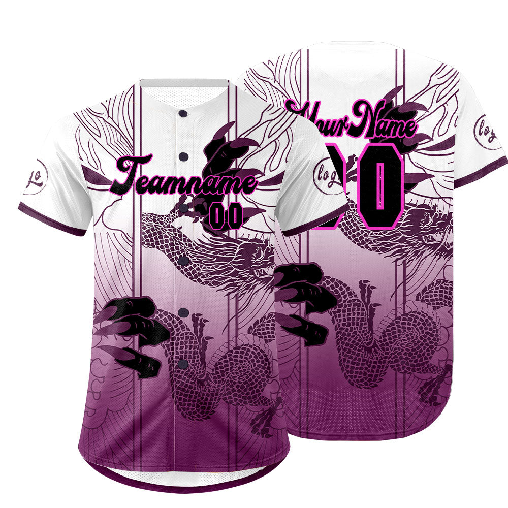 Camiseta de béisbol personalizada morada y blanca con degradado uniformes de equipo personalizados con nombre y número