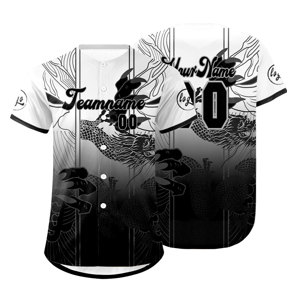 Camiseta de béisbol personalizada blanca y negra con degradado uniformes de equipo con nombre y número