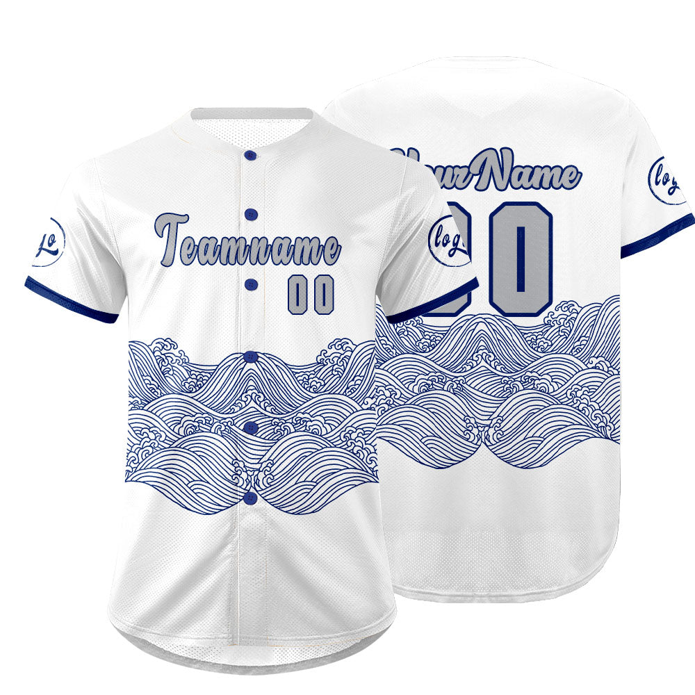 Camiseta de béisbol personalizada blanca y azul con degradado uniformes de equipo con nombre y número