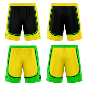 Traje de baloncesto reversible personalizado en negro-amarillo y verde claro para adultos y niños