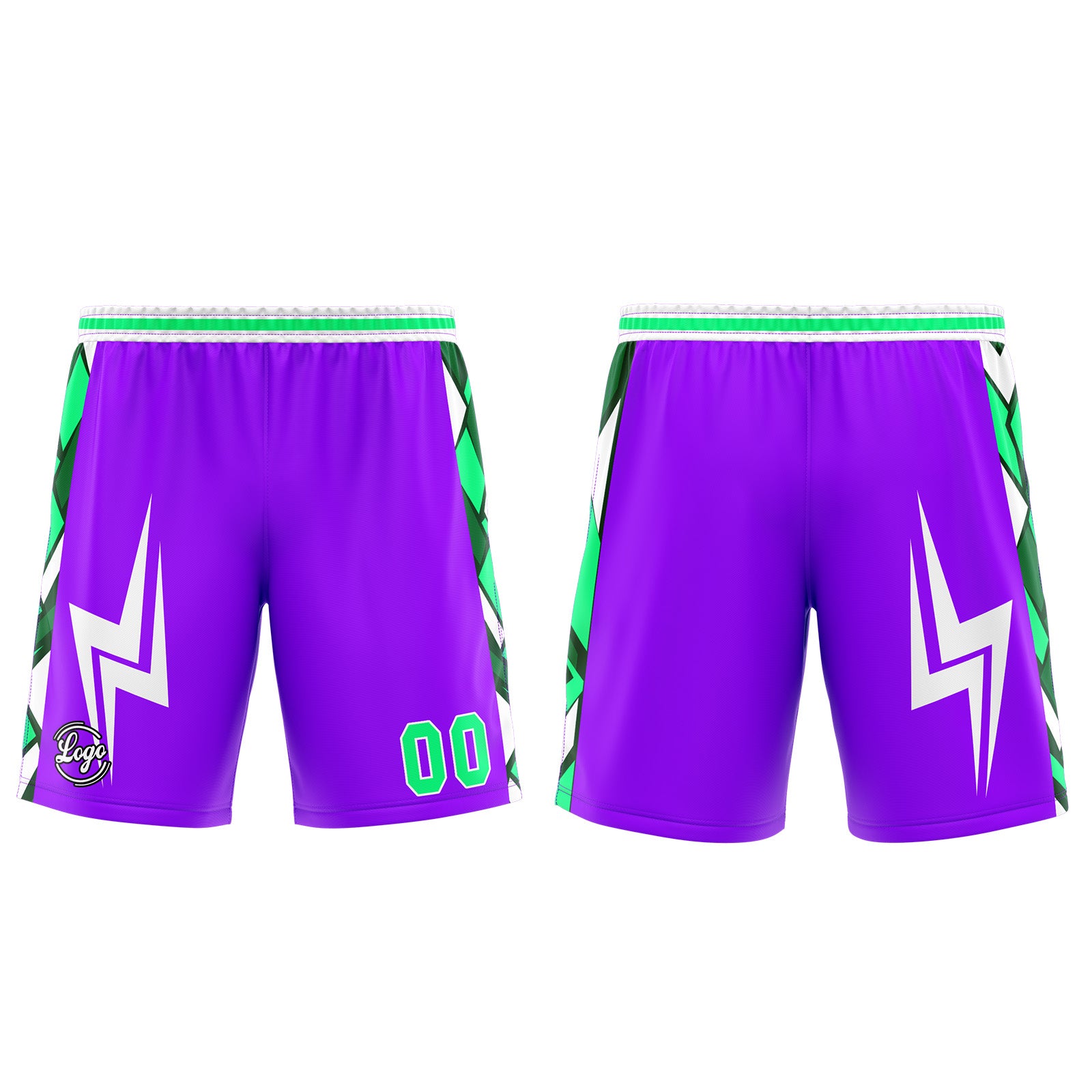 Uniforme de baloncesto personalizado en color morado y verde con tu logotipo-nombre y número impresos