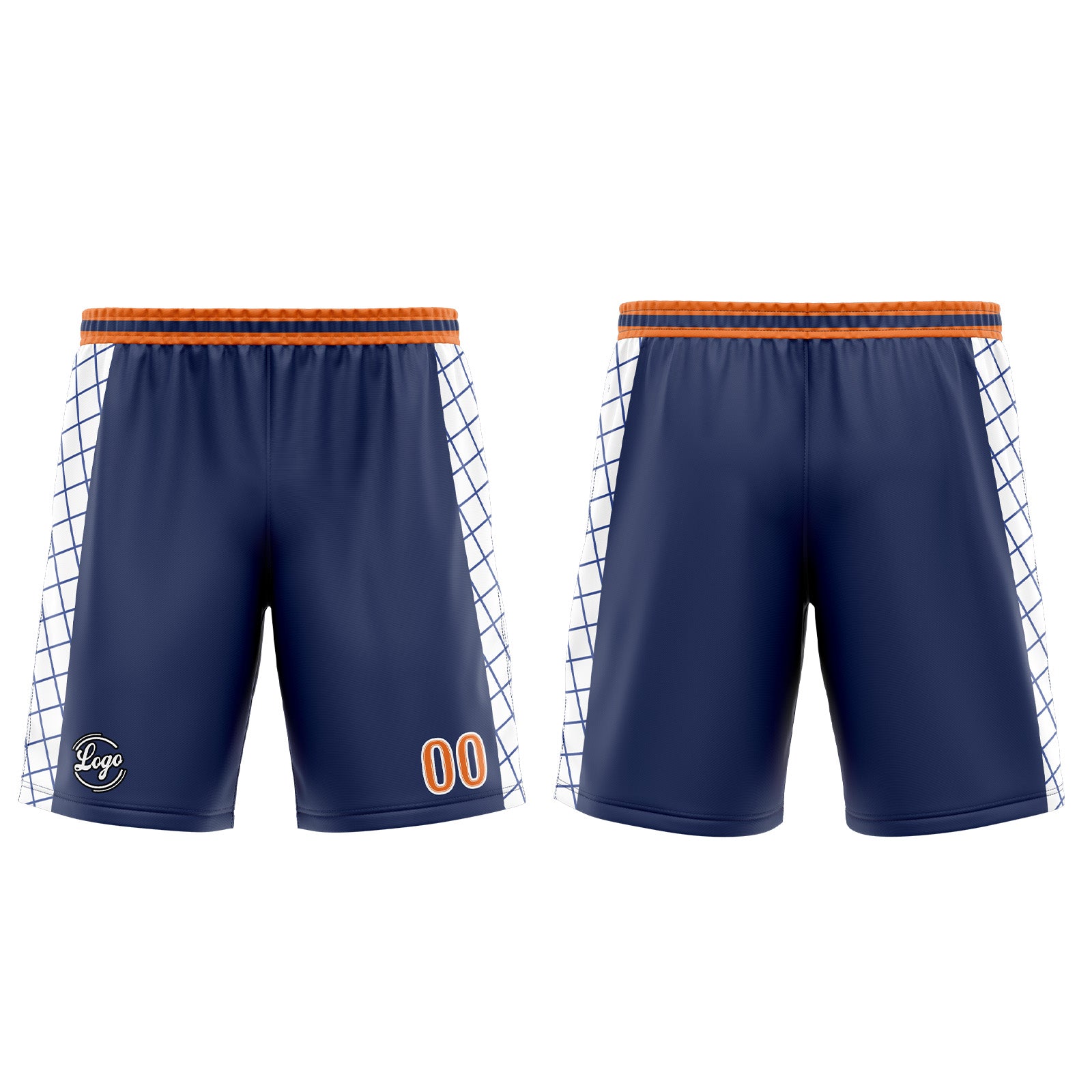 Uniforme de baloncesto personalizado azul marino y naranja con tu logotipo-nombre y número impresos