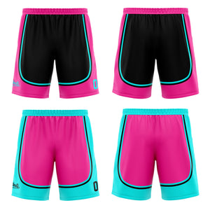 Traje de baloncesto reversible personalizado en negro-rosa y azul claro para adultos y niños
