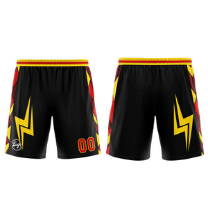 Uniforme de baloncesto personalizado en negro-rojo y amarillo con tu logotipo-nombre y número impresos