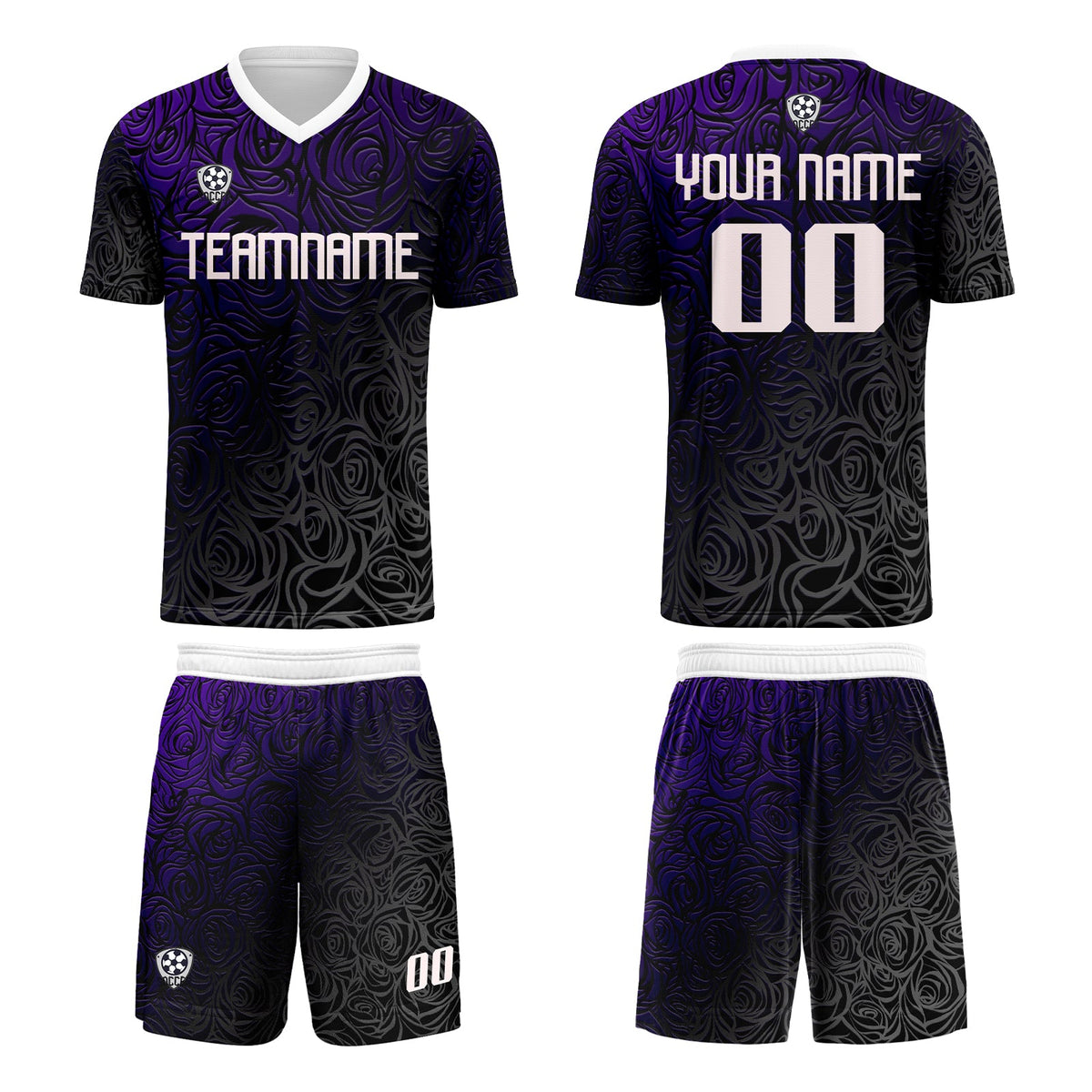 Conjunto personalizado de camiseta de uniforme morado y plateado para niños y adultos