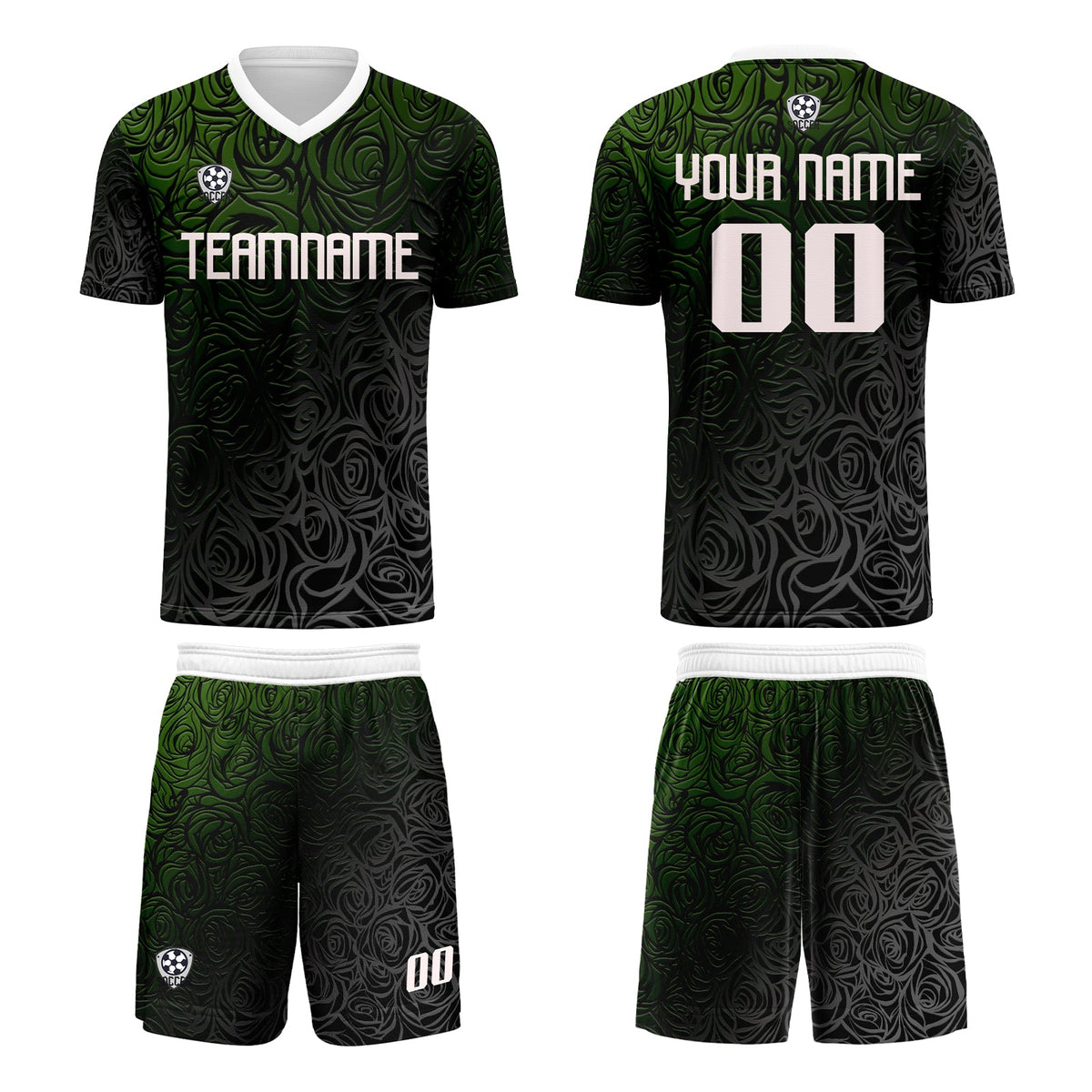 Conjunto personalizado de camiseta de uniforme verde y plateado para niños y adultos