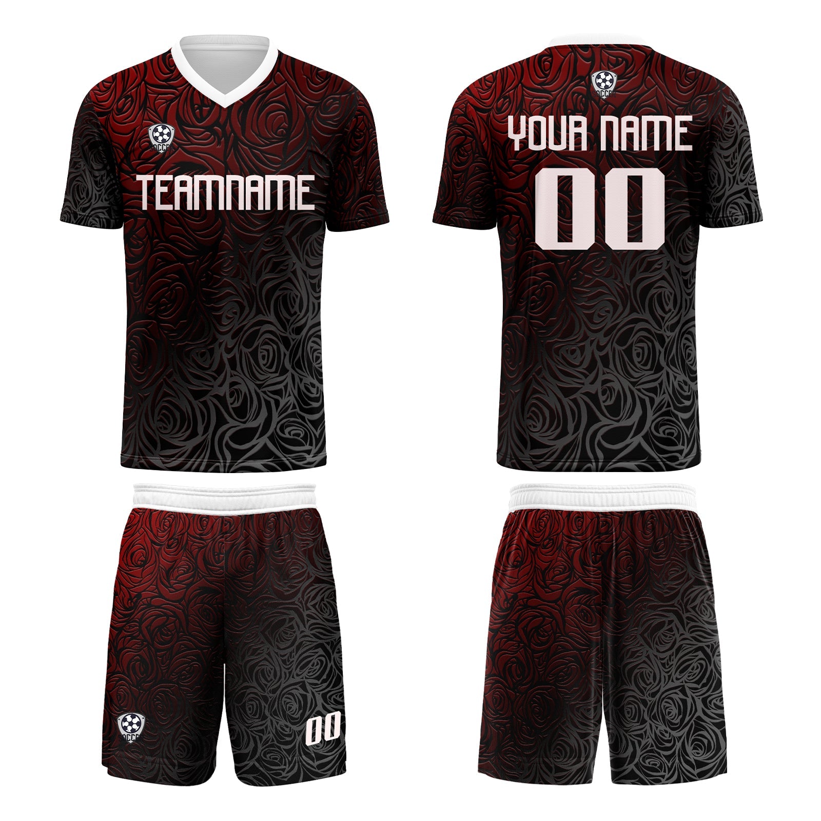 Conjunto personalizado de camiseta de uniforme rojo y plateado para niños y adultos