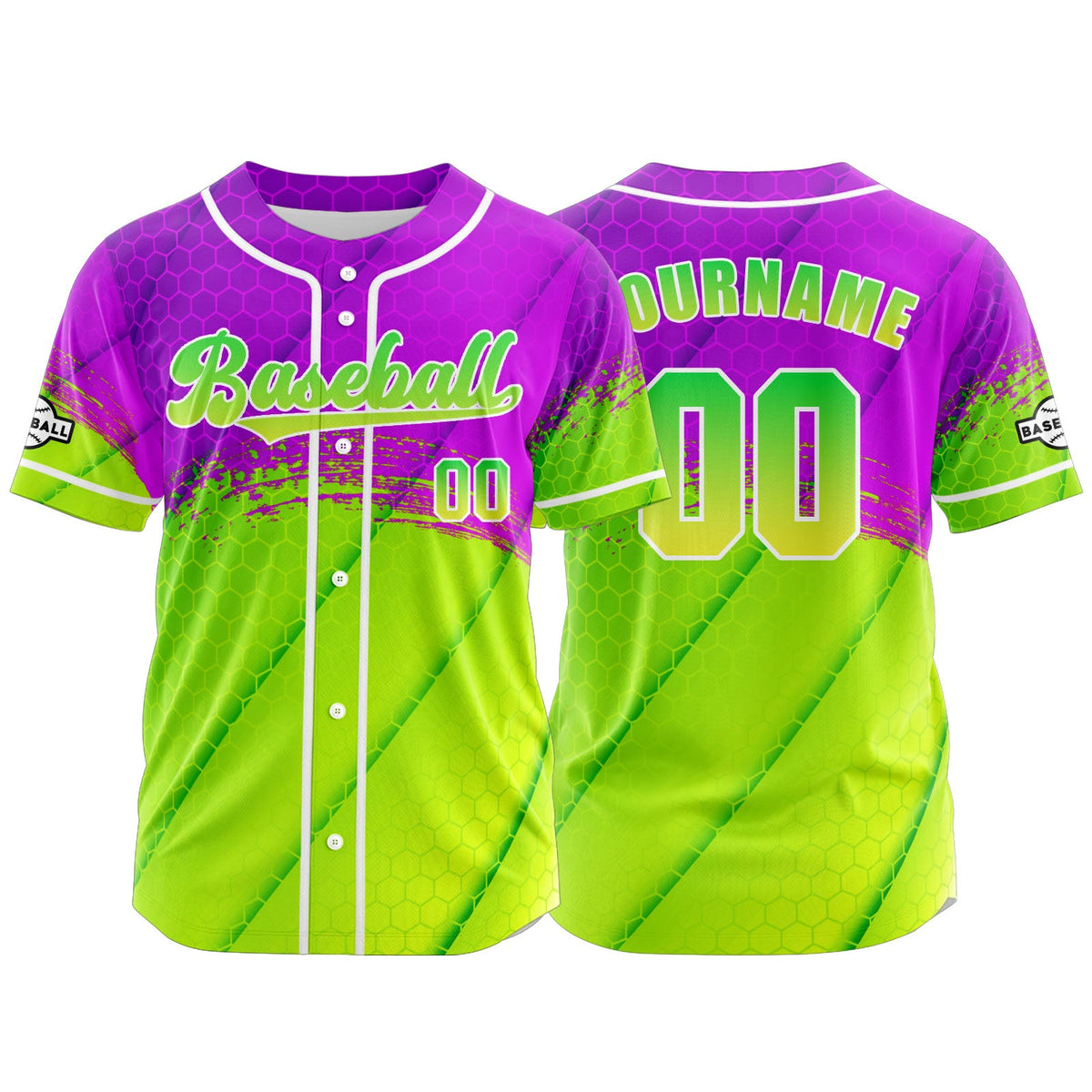 Camiseta de béisbol personalizada de color morado y verde con botones para hombre mujer adulto y joven Estampado de nombre número y logotipo