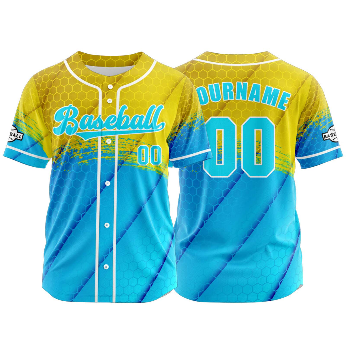 Camiseta de béisbol personalizada amarilla y azul con botones para hombre mujer adulto y joven Estampado de nombre número y logotipo