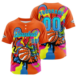 Camiseta de béisbol naranja personalizada con botones para hombre mujer adulto y joven Estampado de nombre número y logotipo