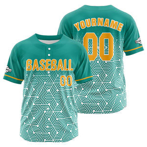 Camiseta de béisbol personalizada verde y amarilla con botones para hombre mujer adulto y joven Estampado de nombre número y logotipo